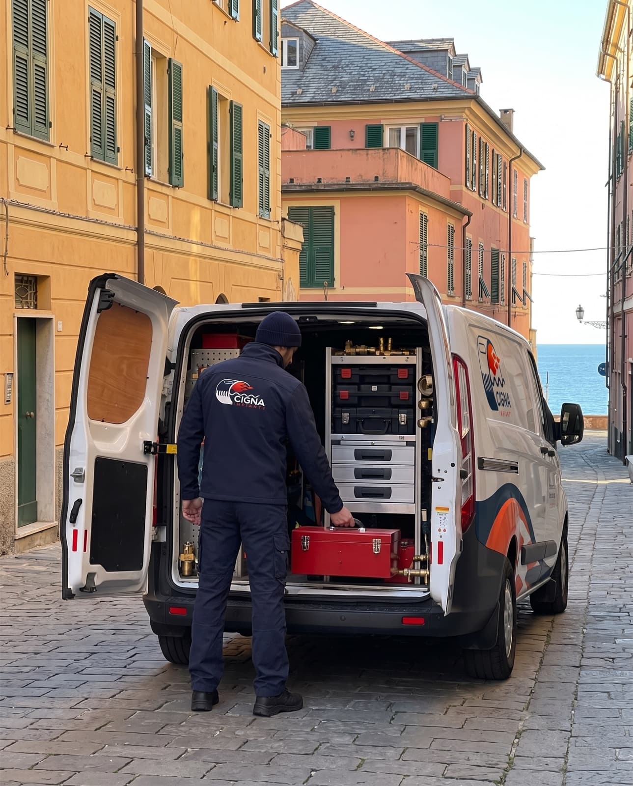 Tecnico Cigna Impianti prende gli attrezzi dal furgone aziendale in una via di Genova