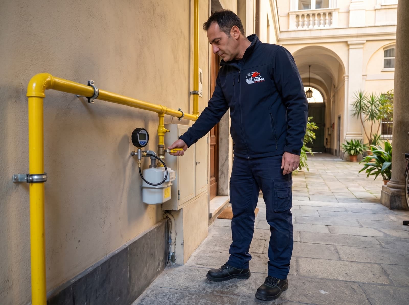 Tecnico Cigna Impianti fa la prova di tenuta di un impianto gas nel cortile di un palazzo