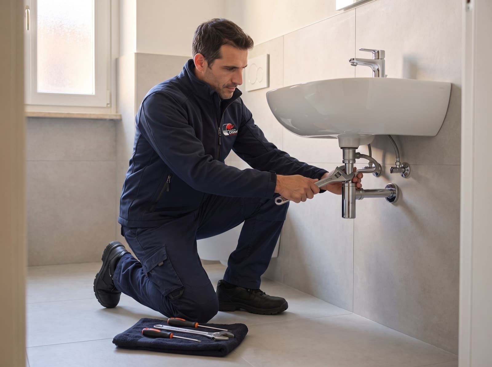 Idraulico Cigna Impianti collega il lavabo di un bagno appena rifatto