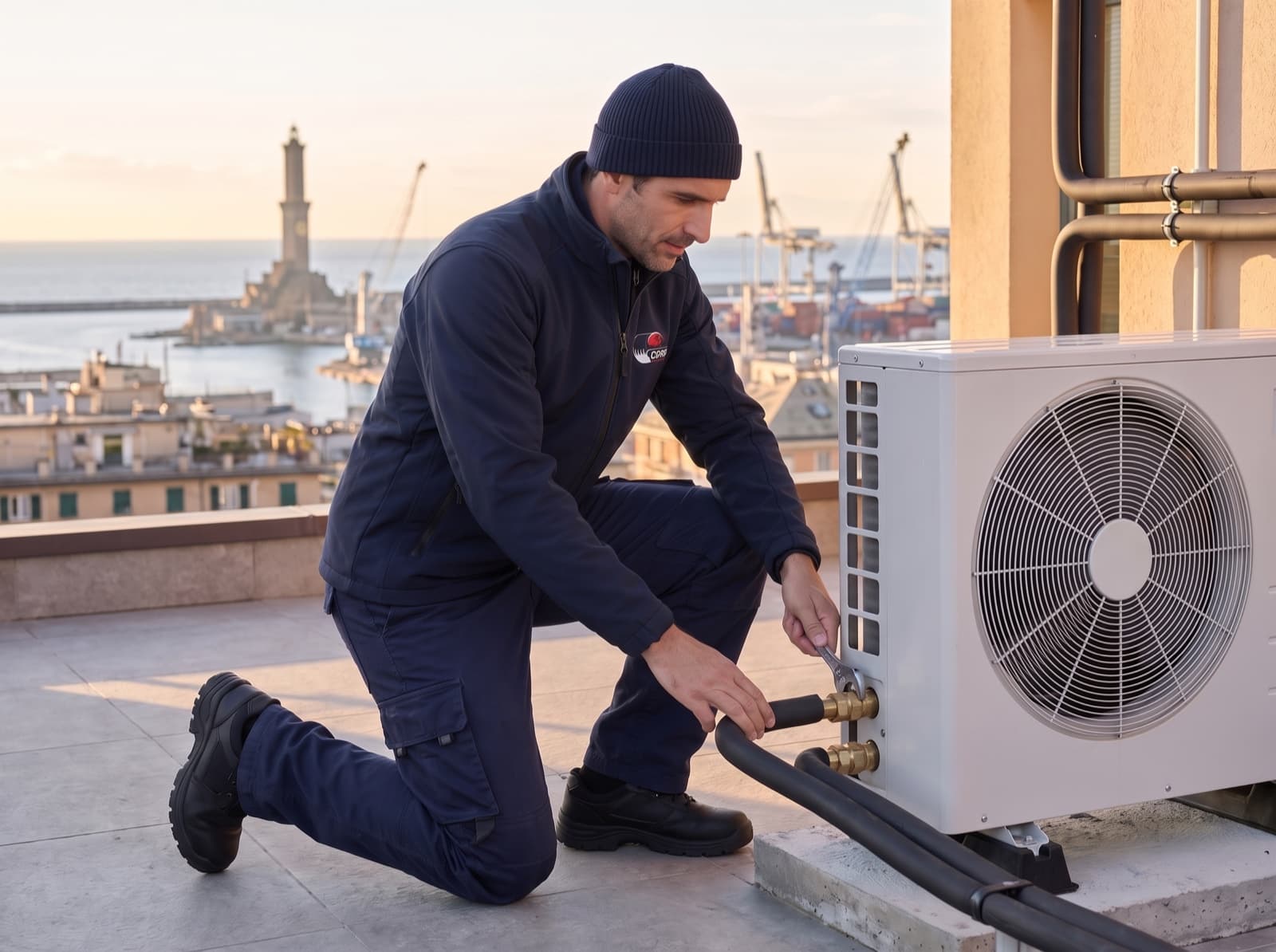 Tecnico Cigna Impianti collega i tubi dell'acqua di una pompa di calore su un terrazzo, con la Lanterna e il porto di Genova sullo sfondo