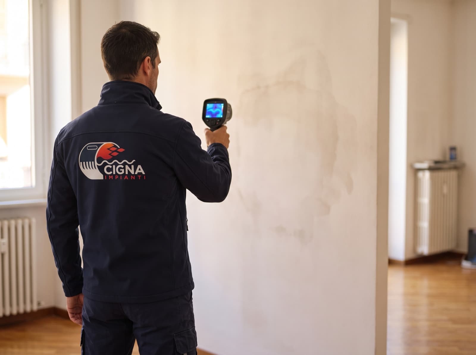 Tecnico Cigna Impianti cerca una perdita d'acqua nel muro con la termocamera