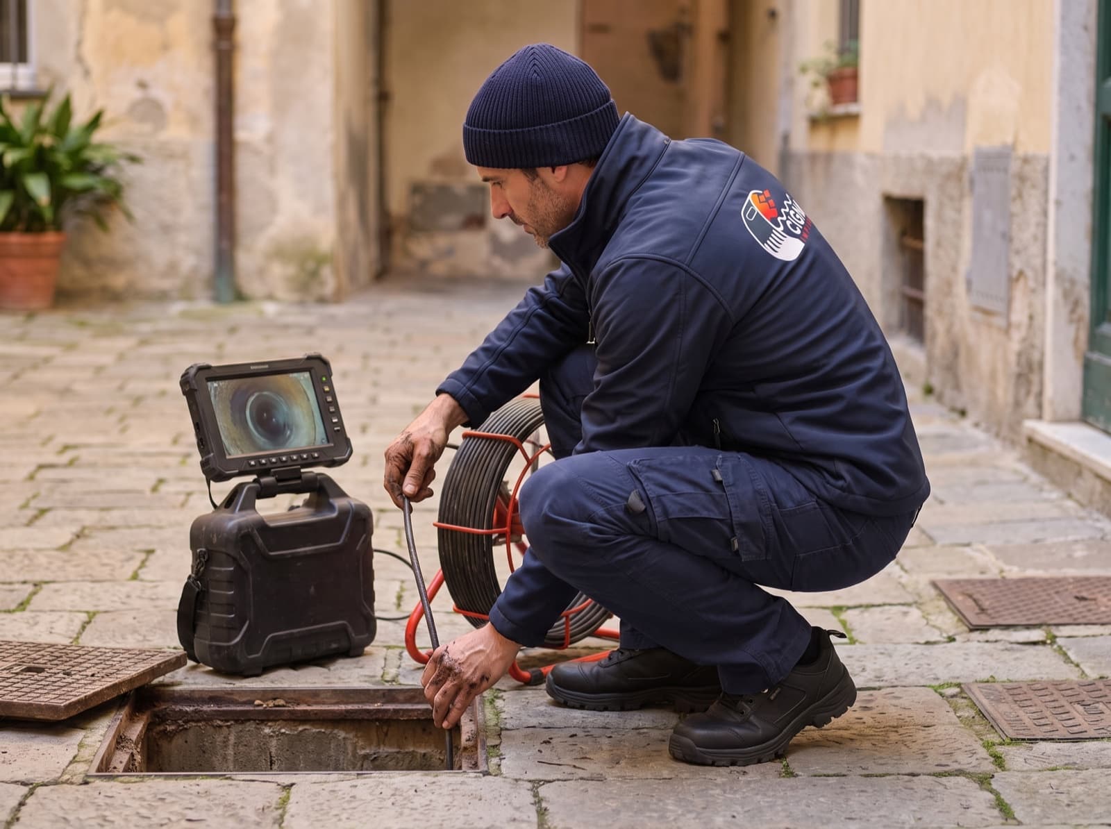 Tecnico Cigna Impianti cala la telecamera di videoispezione in un pozzetto, con il monitor che mostra l'interno del tubo