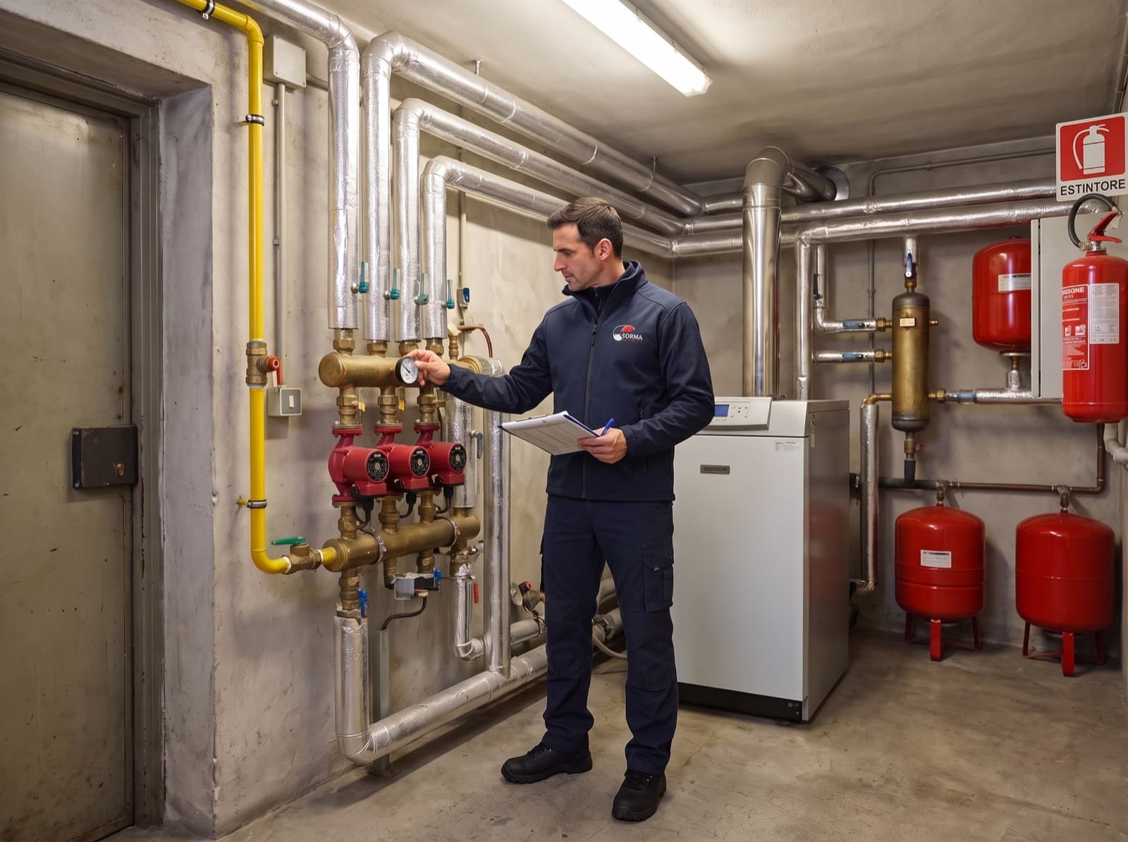 Tecnico Cigna Impianti controlla le pressioni nella centrale termica di un condominio