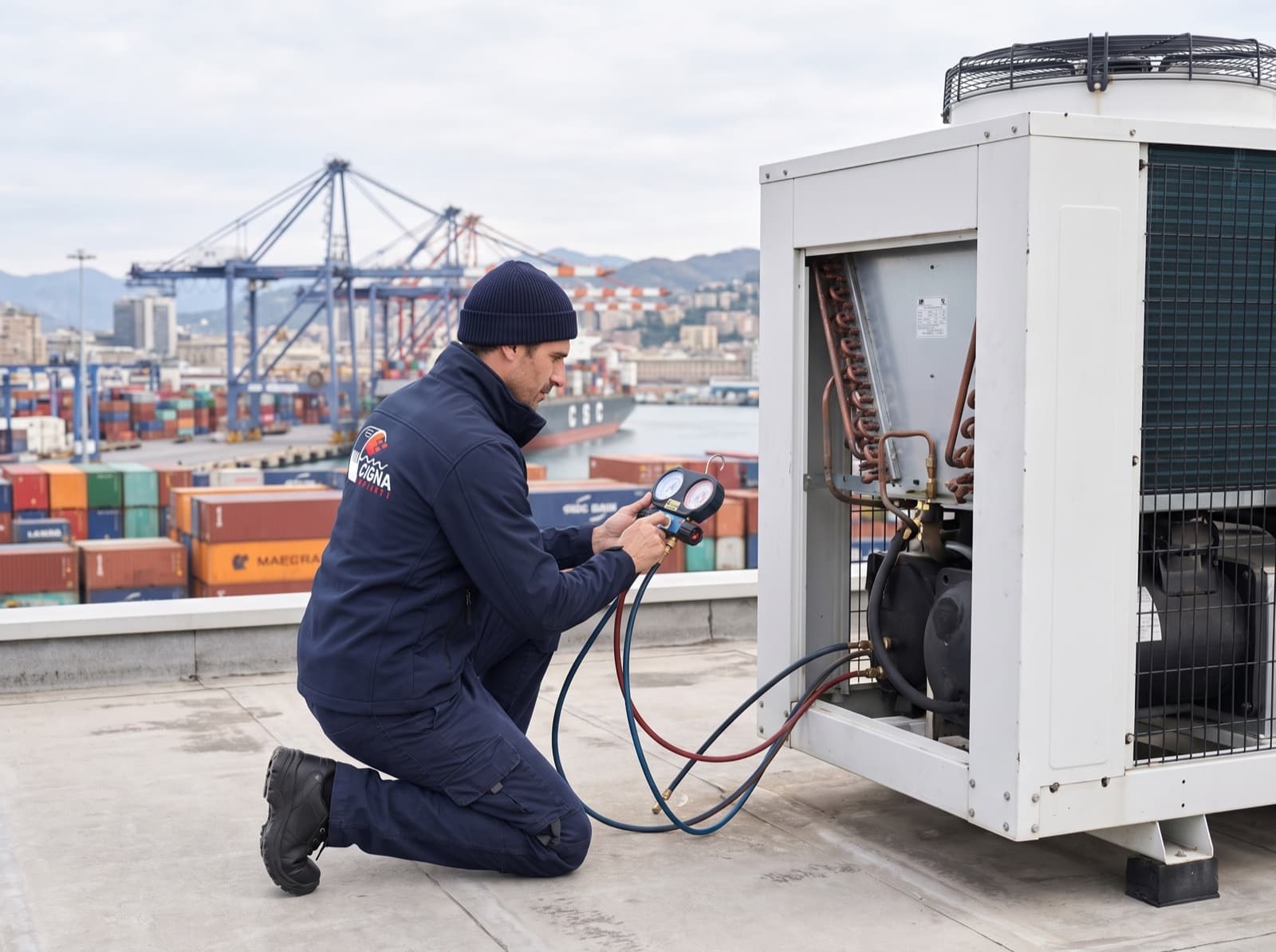 Tecnico Cigna Impianti controlla un refrigeratore sul tetto di un edificio nel porto di Genova