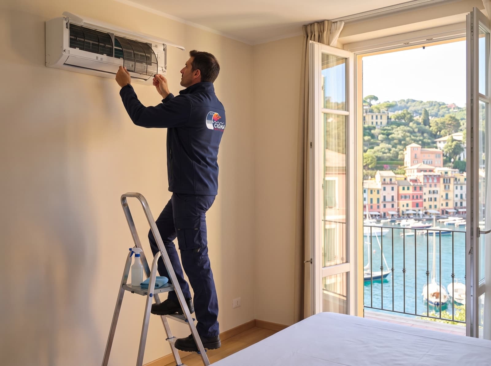 Tecnico Cigna Impianti pulisce i filtri del climatizzatore in una camera d'hotel affacciata su Portofino